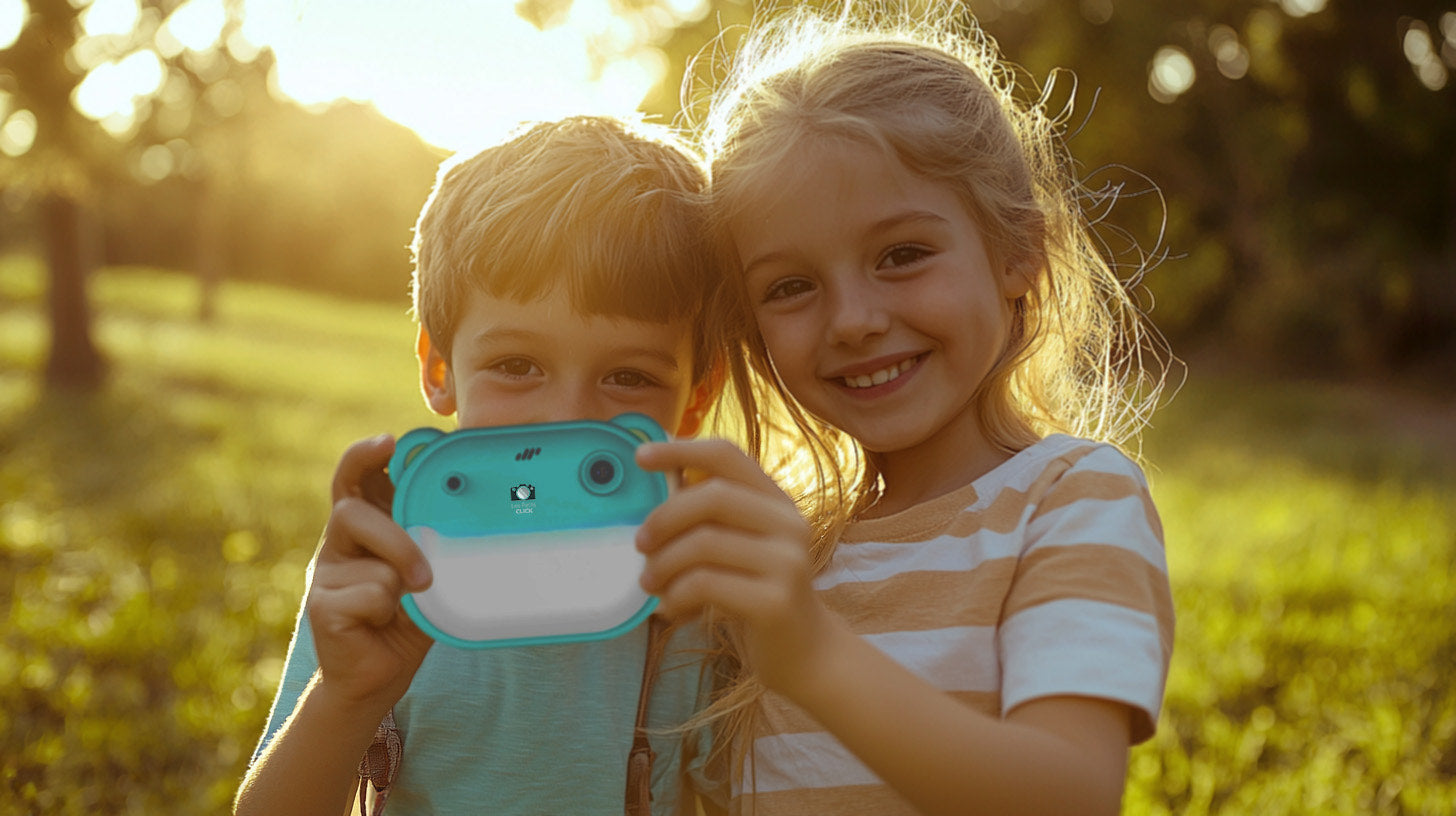 Appareil photo instantané Le Petit Click en coloris turquoise, spécialement conçu pour les enfants. Offre une impression thermique sans encre et intègre une fonction selfie, idéal pour capturer et partager des souvenirs.
